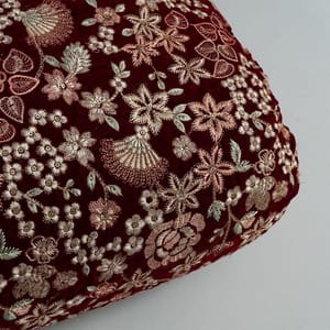 Maroon Color Velvet Thread and Sequin Embroidered Fabric