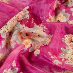 Pink Color Velvet Print with Multi Color Saroaski Embroidered Fabric