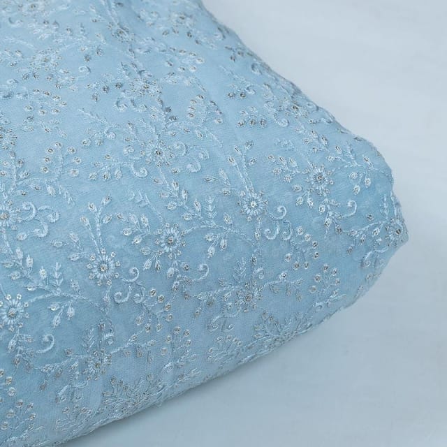 Powder Blue Color Georgette Thread and Sequins Embroidered Fabric