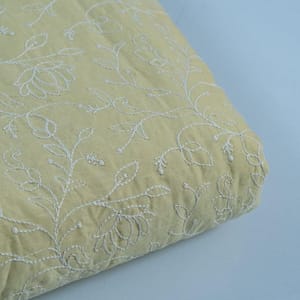 Lemon Color Cotton Thread Lakhnavi Embroidered Fabric