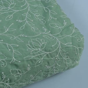 Green Color Cotton Thread Lakhnavi Embroidered Fabric