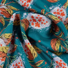 Teal Green Color Habutai Silk Printed Fabric