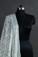 White Dyeable Chinon Chiffon Lucknowi Embroidered Dupatta