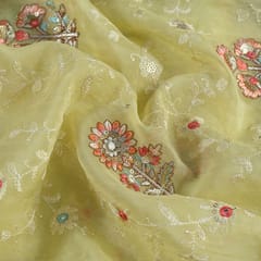 Lemon Color Viscose Organza Multicolor Thread and Sequins Embroidered Fabric