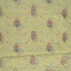 Lemon Color Viscose Organza Multicolor Thread and Sequins Embroidered Fabric