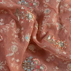 Onion Pink Color Viscose Organza Multicolor Thread and Sequins Embroidered Fabric