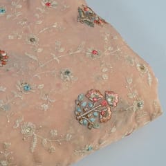 Peach Color Viscose Organza Multicolor Thread and Sequins Embroidered Fabric