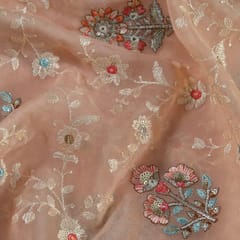 Peach Color Viscose Organza Multicolor Thread and Sequins Embroidered Fabric