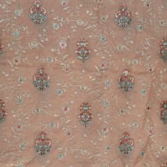 Peach Color Viscose Organza Multicolor Thread and Sequins Embroidered Fabric