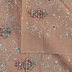 Peach Color Viscose Organza Multicolor Thread and Sequins Embroidered Fabric