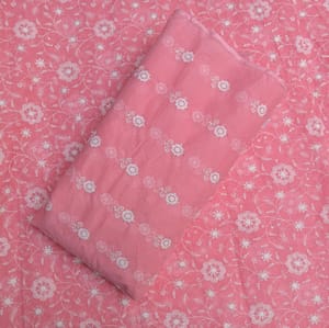 5 Mtr Pink Color Cotton Kota Doria Thread Embroidered Fabric Set