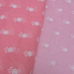 5 Mtr Pink Color Cotton Kota Doria Thread Embroidered Fabric Set