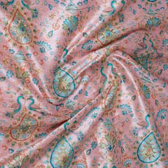 Pink Color Dupion Silk Printed Embroidery Fabric