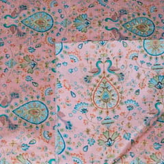 Pink Color Dupion Silk Printed Embroidery Fabric