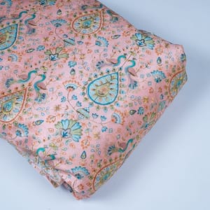 Pink Color Dupion Silk Printed Embroidery Fabric