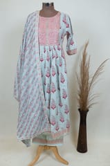 Sky Blue Color Cotton Printed Kurta with Pant and Dupatta Set