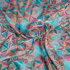 Firozi Color Organza Printed Fabric with Embroidered Fabric