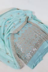 Sea Green Color Georgette Pleat Embroidered Fabric with Georgette Embroidered Dupatta Set