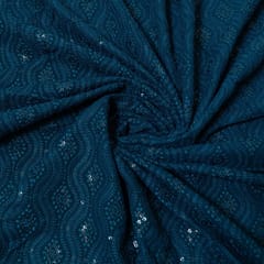 Teal Blue Color Georgette Chikan Embroidered Fabric