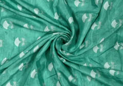 Muslin Satin Sea Green White Flowers Print