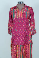 Majenta Color Printed Muslin Top and Printed Pant