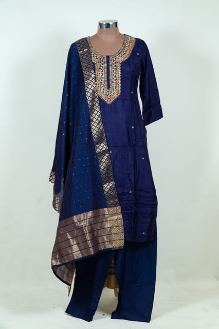 Navy Blue Color Embroidered Dola Silk Shirt with Pant and Embroidered Chanderi Dupatta