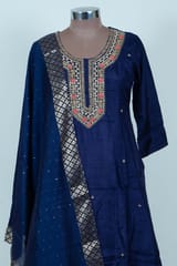 Navy Blue Color Embroidered Dola Silk Shirt with Pant and Embroidered Chanderi Dupatta