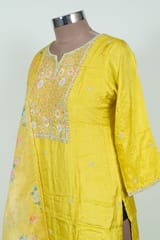 Mustard Color Dola Silk Embroidered Shirt with Bottom Pant and Print with Embroidered Organza Dupatta