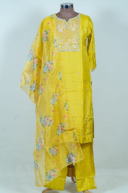 Mustard Color Dola Silk Embroidered Shirt with Bottom Pant and Print with Embroidered Organza Dupatta