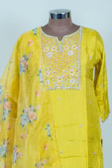 Mustard Color Dola Silk Embroidered Shirt with Bottom Pant and Print with Embroidered Organza Dupatta