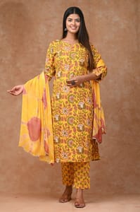 Yellow Color Cotton Printed Shirt with Cotton Printed Bottom and Chiffon Printed Dupatta