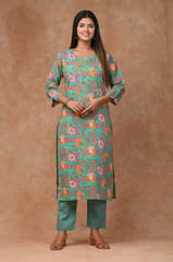 Sea Green Color Cotton Printed Shirt with Cotton Printed Bottom and Chiffon Printed Dupatta