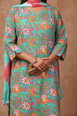 Sea Green Color Cotton Printed Shirt with Cotton Printed Bottom and Chiffon Printed Dupatta