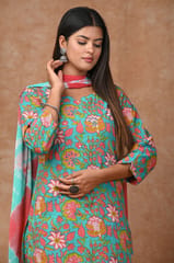 Sea Green Color Cotton Printed Shirt with Cotton Printed Bottom and Chiffon Printed Dupatta