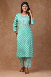 Rama Green Color Cotton Printed Shirt with Cotton Printed Bottom