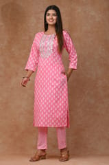 Pink Color Cotton Printed Shirt with Cotton Printed Bottom