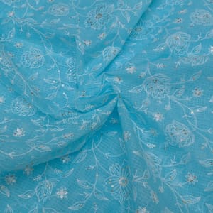 Firozi Color Kota Doria Embroidered Fabric