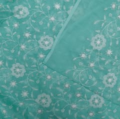 Green Color Kota Doria Embroidered Fabric