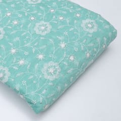 Green Color Kota Doria Embroidered Fabric