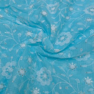 Firozi Color Kota Doria Embroidered Fabric