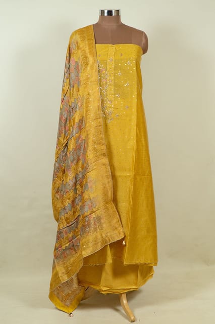 Yellow Color Chanderi Embroidered Shirt with Bottom and Banarasi Silk Printed Dupatta