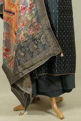 Grey Color Chanderi Embroidered Shirt with Bottom and Printed Banarasi Silk Dupatta