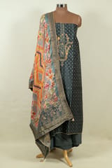 Grey Color Chanderi Embroidered Shirt with Bottom and Printed Banarasi Silk Dupatta