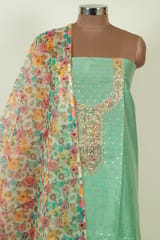 Green Color Chanderi Embroidered Shirt with Bottom and Organza Printed Dupatta