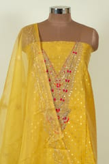 Yellow Color Chanderi Embroidered Shirt with Bottom and Organza Embroidered Dupatta