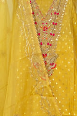 Yellow Color Chanderi Embroidered Shirt with Bottom and Organza Embroidered Dupatta