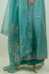 Firozi Color Chanderi Embroidered Shirt with Bottom and Organza Embroidered Dupatta