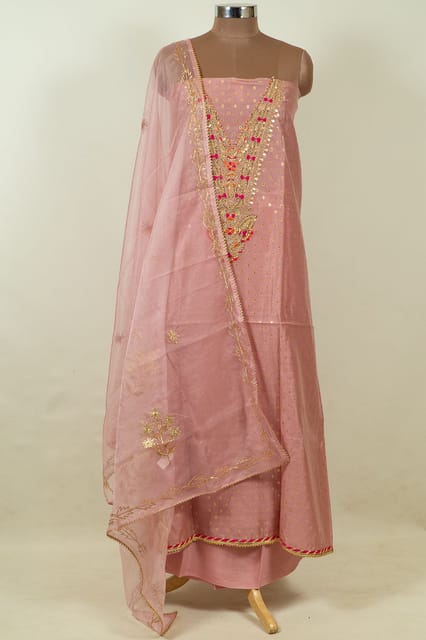 Onion Pink Color Chanderi Embroidered Shirt with Bottom and Organza Embroidered Dupatta