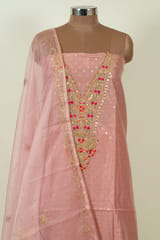 Onion Pink Color Chanderi Embroidered Shirt with Bottom and Organza Embroidered Dupatta