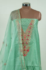 Sea Green Color Chanderi Embroidered Shirt with Bottom and Organza Embroidered Dupatta